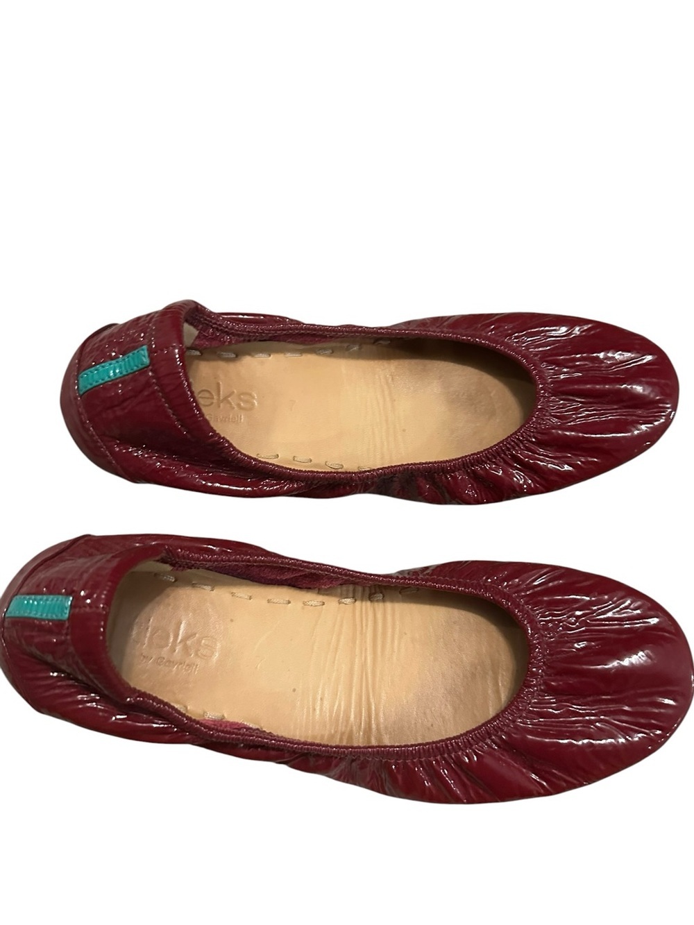 Tieks Women's Burgundy Patent Leather Ballet Flats with Teal Tab size 7